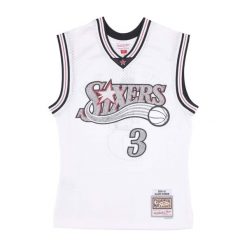 Koszulka Philadelphia 76ers Swingman 2000/01. Białe bluzki Mitchell & Ness, bez wzorów, sportowe, bez kołnierzyka, bez ramiączek. Za 573.00 zł.