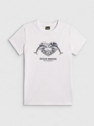 4F T-shirt regular z nadrukiem damski - biały M. Białe t-shirty 4f, m, bez wzorów, z bawełny, bez kołnierzyka, bez ramiączek. Za 59.99 zł.