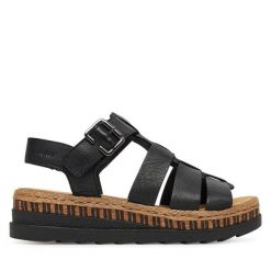 Sandały Rieker. Czarne sandały Rieker, bez wzorów, bez obcasa, na koturnie, bez zapięcia. Za 349.99 zł.