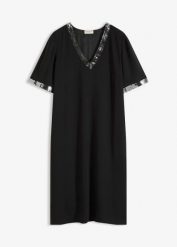 Sukienka szyfonowa z cekinami. Czarne sukienki bonprix, bez wzorów, z szyfonu, eleganckie, bez kołnierzyka, bez ramiączek. Za 79.99 zł.