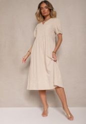 Jasnobeżowa Rozkloszowana Sukienka z Bawełny w Stylu Boho z Haftowanymi Zdobieniami Lannilsa. Brązowe sukienki Renee, na spotkanie biznesowe, l, z aplikacjami, z bawełny, boho, bez kołnierzyka, bez ramiączek, midi, rozkloszowane. Za 149.99 zł.