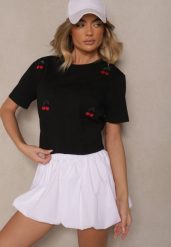 Czarny T-shirt z Bawełny z Haftowanymi Detalami w Wiśnie Nevianeva. Czarne t-shirty Renee, m, bez wzorów, z bawełny, bez kołnierzyka, bez ramiączek. Za 29.99 zł.