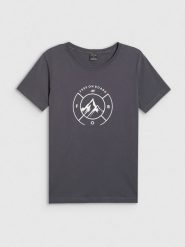 4F T-shirt regular z nadrukiem damski - szary S. Szare t-shirty 4f, s, bez wzorów, z bawełny, bez kołnierzyka, bez ramiączek. Za 59.99 zł.