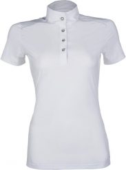 Damska koszulka polo na zawody HKM Premium. Białe koszulki polo HKM, l, bez wzorów, z elastanu, bez kołnierzyka, bez ramiączek. Za 165.50 zł.