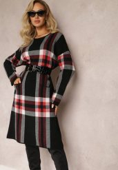 Czarna Pudełkowa Sukienka Dzianinowa Midi w Kratę Farbia. Czarne sukienki Renee, xl, bez wzorów, z dzianiny, bez kołnierzyka, bez ramiączek, midi. Za 59.99 zł.