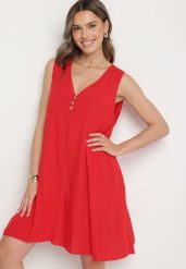 Czerwona Rozkloszowana Sukienka z Bawełny z Ozdobnymi Guzikami Folusae. Czerwone sukienki Born2be, na co dzień, na lato, l, bez wzorów, z bawełny, eleganckie, bez kołnierzyka, bez ramiączek, mini, proste. Za 44.99 zł.