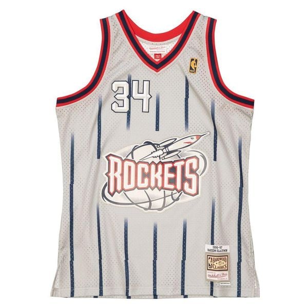 Koszulka NBA Houston Rockets Hakeem Olajuwon. Szare bluzki Mitchell & Ness, bez wzorów, sportowe, bez kołnierzyka, bez ramiączek. Za 573.00 zł.