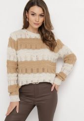 Beżowy Sweter z Ażurowej Dzianiny w Szerokie Paski z Metaliczną Nitką Cassaphne. Brązowe swetry Born2be, w ażurowe wzory, z dzianiny, bez ramiączek. Za 89.99 zł.
