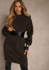 Brązowa Dzianinowa Sukienka z Dodatkiem Wełny o Pudełkowym Kroju Nesava. Brązowe sukienki Renee, na co dzień, bez wzorów, z dzianiny, bez kołnierzyka, bez ramiączek, midi, proste. Za 139.99 zł.