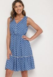 Niebieska Sukienka z Wiskozą i Bawełną w Kropki Lilivena. Niebieskie sukienki Born2be, na co dzień, m, bez wzorów, z bawełny, eleganckie, bez kołnierzyka, bez ramiączek, mini. Za 39.99 zł.