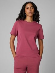 4F T-shirt regular gładki damski - burgundowy XXL. Czerwone t-shirty 4f, xxl, bez wzorów, z materiału, bez kołnierzyka, bez ramiączek. Za 79.99 zł.