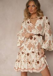 Jasnobeżowa Rozkloszowana Sukienka z Wiskozy Zdobiona Etnicznym Printem Pasiretia. Brązowe sukienki Renee, na co dzień, l, z aplikacjami, z wiskozy, eleganckie, bez kołnierzyka, bez ramiączek, mini, rozkloszowane. Za 99.99 zł.