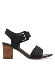 Clarks Skórzane sandały "KarseaHi Seam" w kolorze czarnym na obcasie rozmiar: 41,5. Czarne sandały Clarks, bez wzorów, ze skóry, z otwartym noskiem, bez obcasa, na koturnie, bez zapięcia. Za 154.07 zł.