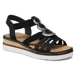 Sandały Rieker. Czarne sandały Rieker, bez wzorów, bez obcasa, na koturnie, bez zapięcia. Za 319.99 zł.