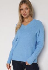 Niebieski Sweter z Domieszką Kaszmiru z Dekoltem w Serek Feralaine. Niebieskie swetry Born2be, bez wzorów, z jeansu, bez ramiączek. Za 104.99 zł.