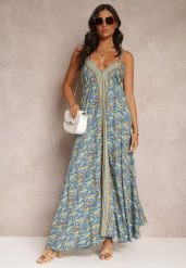 Niebieska Rozkloszowana Sukienka Maxi Wiązana na Szyi z Wiskozy z Printem Paisley Olympie. Niebieskie sukienki Renee, na lato, m, bez wzorów, z wiskozy, boho, bez kołnierzyka, bez ramiączek, maxi, rozkloszowane. Za 84.99 zł.