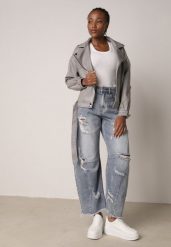 Niebieskie Bawełniane Jeansy Balloon z Wysokim Stanem i z Prztarciami Dziurami Typhaea. Niebieskie jeansy Born2be, m, bez wzorów, z podwyższonym stanem. Za 119.99 zł.