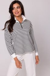 Bluza w Paski z Wysokim Kołnierzem. Bluzy MOE, l, bez wzorów, z bawełny, bez kaptura. Za 254.79 zł.