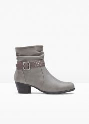 Krótkie botki. Szare botki bonprix, bez wzorów, bez obcasa, na obcasie, bez zapięcia. Za 169.99 zł.