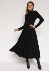 Czarna Rozkloszowana Sukienka z Dzianiny z Wiskozą z Długim Rękawem i Paskiem Tusmina. Czarne sukienki Born2be, na co dzień, m, bez wzorów, z dzianiny, eleganckie, bez kołnierzyka, bez ramiączek, maxi, rozkloszowane. Za 169.99 zł.