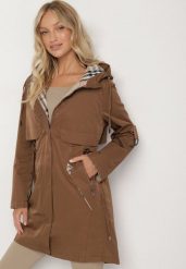 Szampańska Kurtka Parka z Kapturem ze Wzorem w Kratę i Podpinanymi Rękawami Gavaria. Żółte kurtki Born2be, l, z jeansu, eleganckie, z kapturem. Za 199.99 zł.
