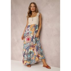 Beżowo-Niebieska Sukienka Grayah. Niebieskie sukienki Renee, m, z aplikacjami, z tkaniny, boho, bez kołnierzyka, bez ramiączek, maxi, rozkloszowane. Za 79.99 zł.