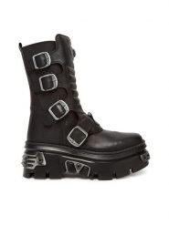NEW ROCK Botki M-WALL373N-C1 Czarny. Czarne botki NEW ROCK, bez wzorów, ze skóry, bez obcasa, na koturnie, bez zapięcia. Za 1,279.00 zł.