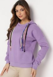 Jasnofioletowa Bluza z Kapturem i Ozdobnymi Sznurkami Cebele. Fioletowe bluzy Born2be, z aplikacjami, z bawełny, z kapturem. Za 99.99 zł.