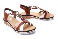 RIEKER V3657-81 brown combination, sandały damskie. Brązowe sandały Rieker, bez wzorów, bez obcasa, na koturnie, bez zapięcia. Za 319.90 zł.