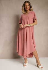 Różowa Sukienka z Bawełną o Rozkloszowanym Kroju Lilzedi. Czerwone sukienki Renee, na co dzień, na lato, xl, bez wzorów, z bawełny, eleganckie, bez kołnierzyka, bez ramiączek, midi, rozkloszowane. Za 54.99 zł.