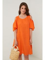 Rodier Lin Lniana sukienka w kolorze pomarańczowym rozmiar: XL/XXL. Pomarańczowe sukienki Rodier Lin, xl, bez wzorów, ze lnu, bez kołnierzyka, bez ramiączek, midi. Za 185.45 zł.