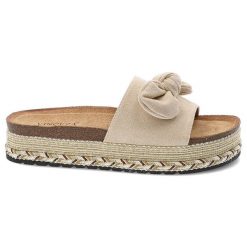 Klapki damskie Vinceza, na grubej platformie profilowane z kokardką materiałowe, beżowe, 16495-BE. Brązowe klapki VINCEZA, z aplikacjami, z materiału, bez obcasa, na platformie. Za 99.99 zł.