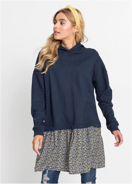 Sukienka dresowa w optyce 2 w 1. Niebieskie sukienki bonprix, bez wzorów, z dresówki, bez kołnierzyka, bez ramiączek. Za 169.99 zł.