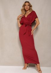 Bordowa Sukienka Koktajlowa z Trójkątnym Dekoltem i Materiałowym Paskiem z Rozcięciem Wilni. Czerwone sukienki Renee, na co dzień, xs, bez wzorów, z materiału, eleganckie, bez kołnierzyka, bez ramiączek, maxi, proste. Za 149.99 zł.
