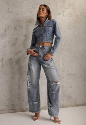 Niebieskie Jeansy z Bawełny Balloon High Waist z Przedarciami Taeryre. Niebieskie jeansy Renee, l, bez wzorów, z podwyższonym stanem. Za 119.99 zł.