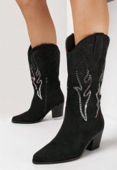 Czarne Botki Kowbojki w Cyrkonie Incandes. Czarne botki Born2be, z aplikacjami, bez obcasa, na obcasie, bez zapięcia. Za 159.99 zł.