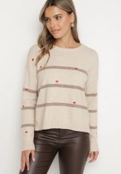Beżowy Sweter w Paski z Wyhaftowanymi Serduszkami Nerisea. Brązowe swetry Born2be, bez wzorów, bez ramiączek. Za 74.99 zł.